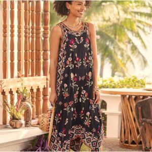 TOLANI Akeeva Black Embroidered Floral Handkerchief Slip On Midi Dress Size PXXS